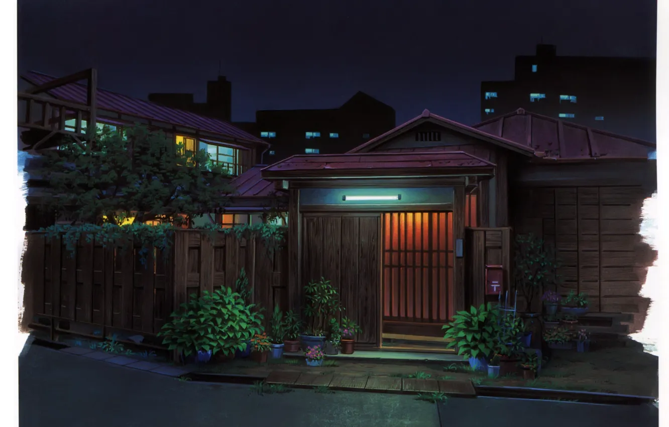 Фото обои забор, дома, растения, вечер, ворота, Япония, горшки, свет в окнах