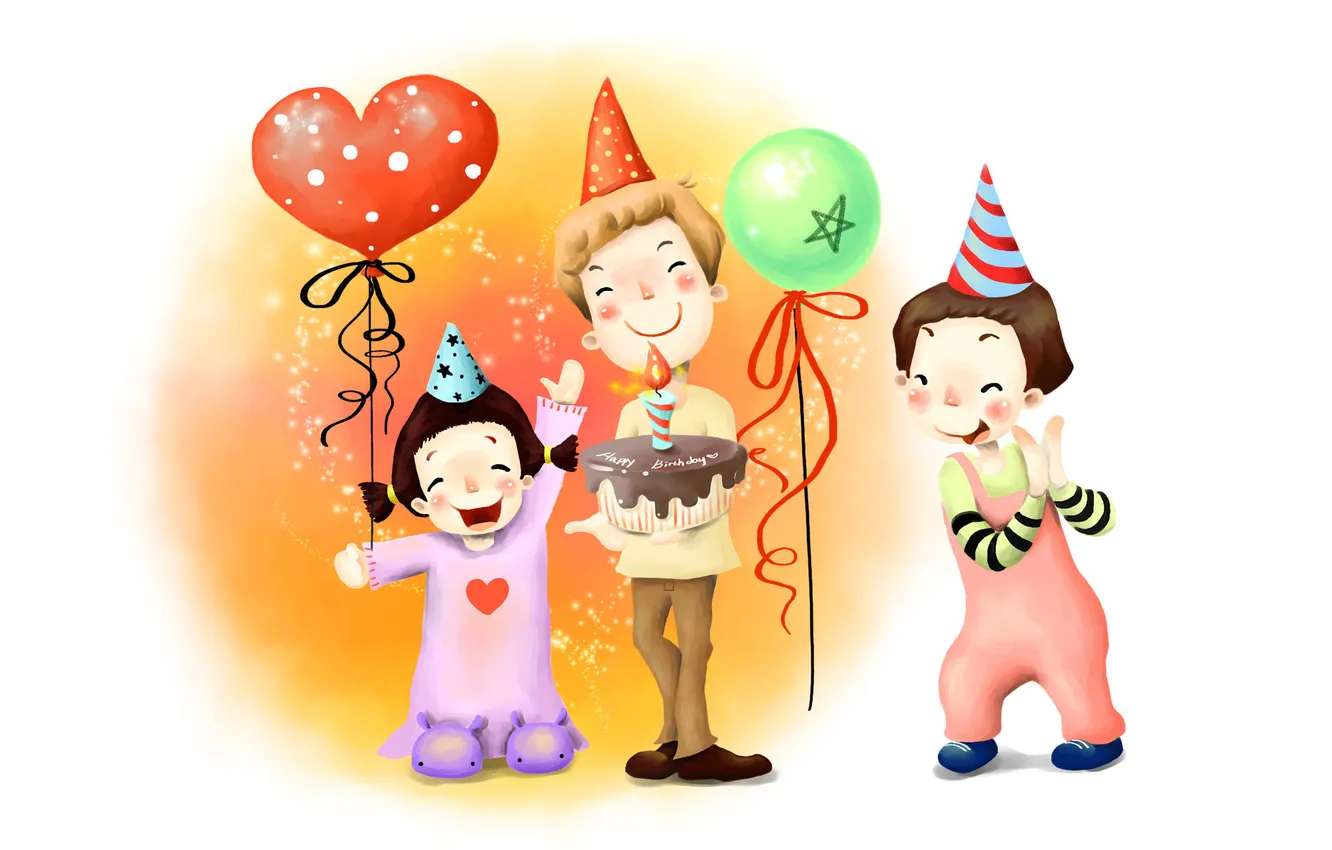 Фото обои шарики, радость, дети, детство, праздник, рисунок, торт, колпаки