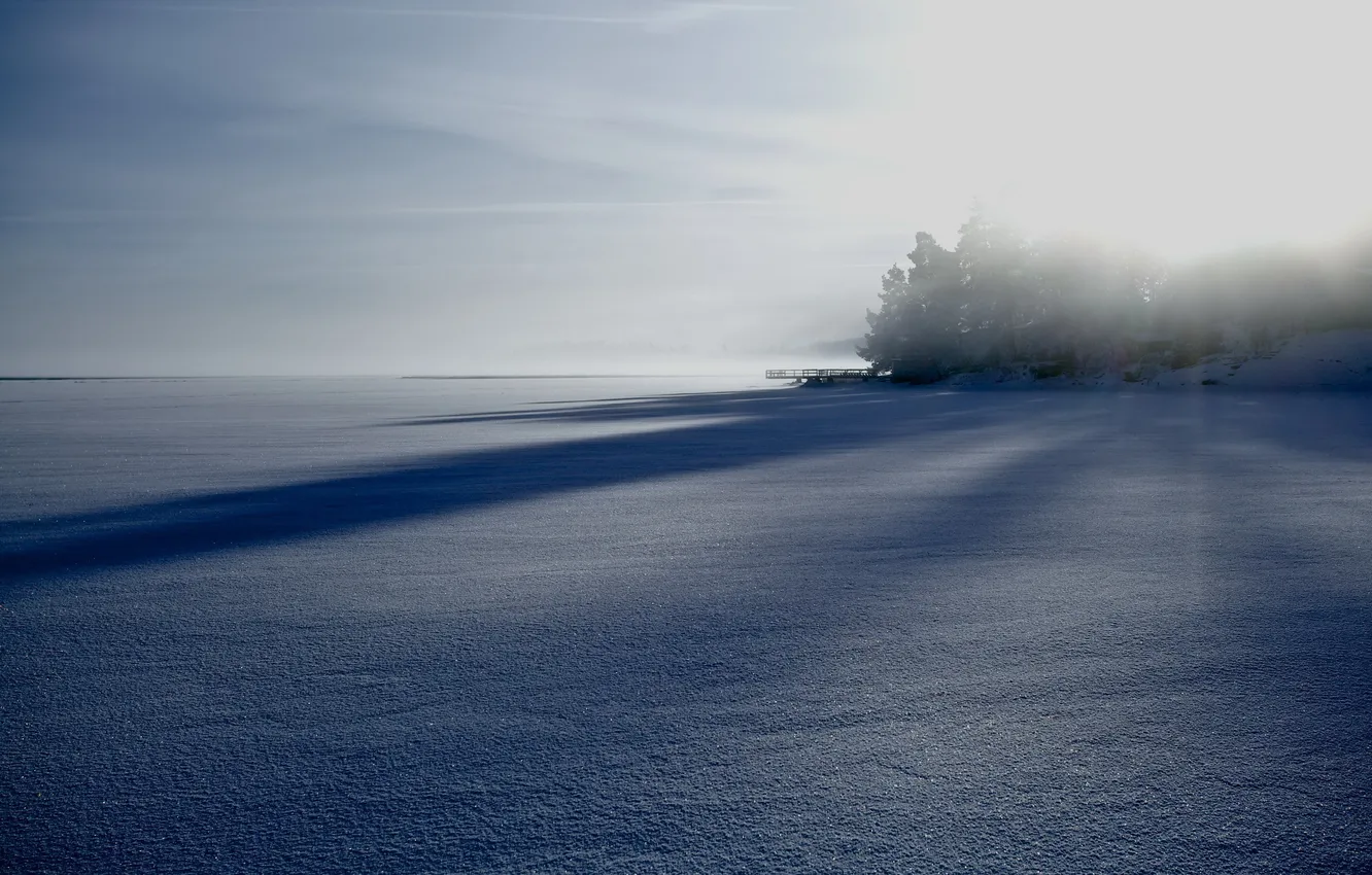 Фото обои зима, пейзаж, озеро, утро