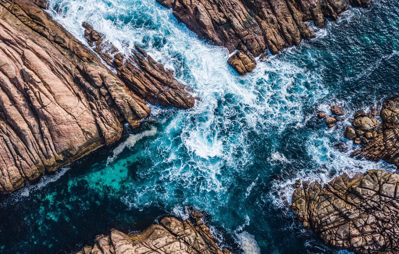 Фото обои waves, sea, rocks, tide, aerial view, canal cross