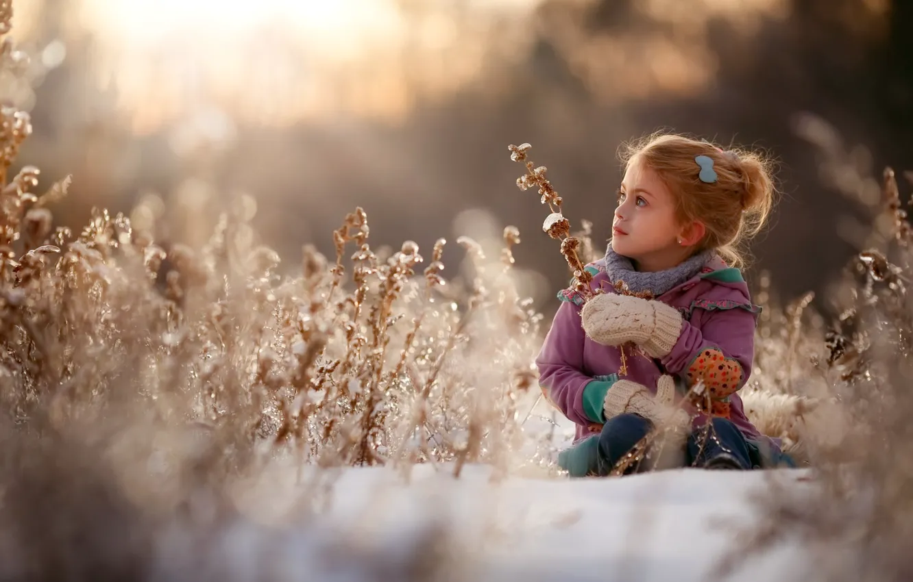 Фото обои зима, трава, снег, природа, дети, девочка, ребёнок