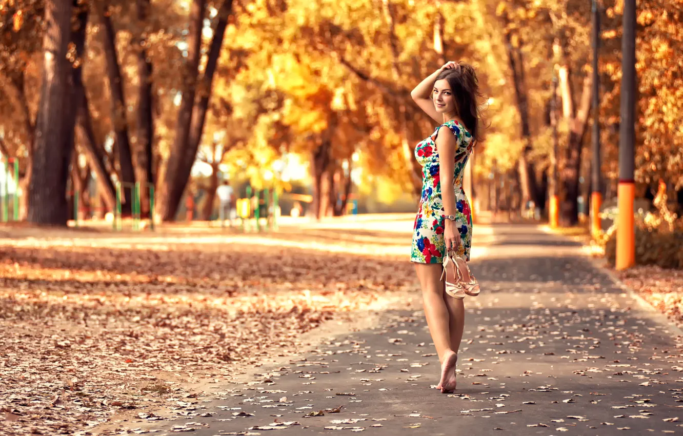 Фото обои осень, листья, девушка, парк, платье, ножки, прелесть, Антон Печкуров