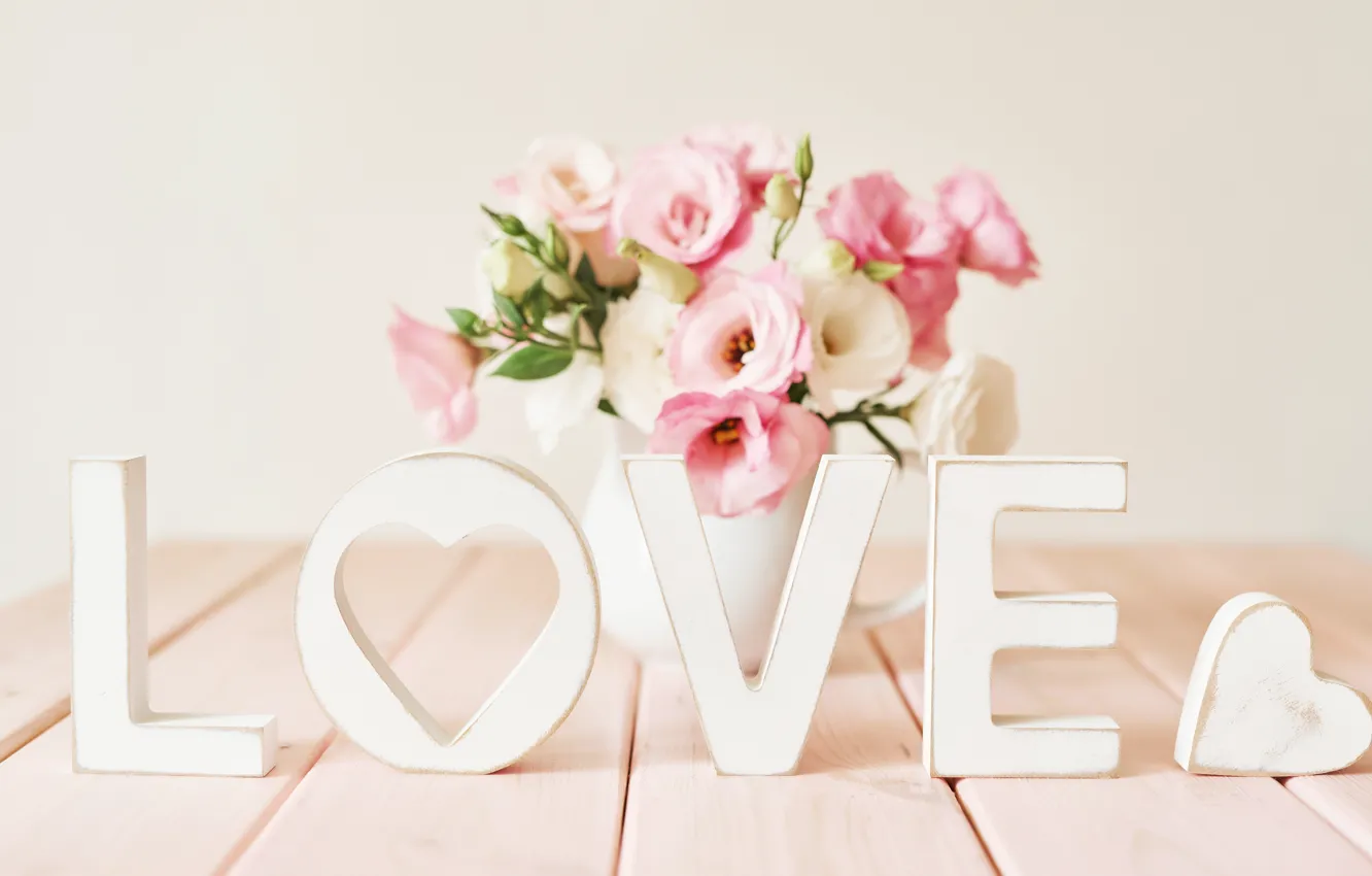 Фото обои любовь, цветы, буквы, сердце, Love, букет, ваза, heart