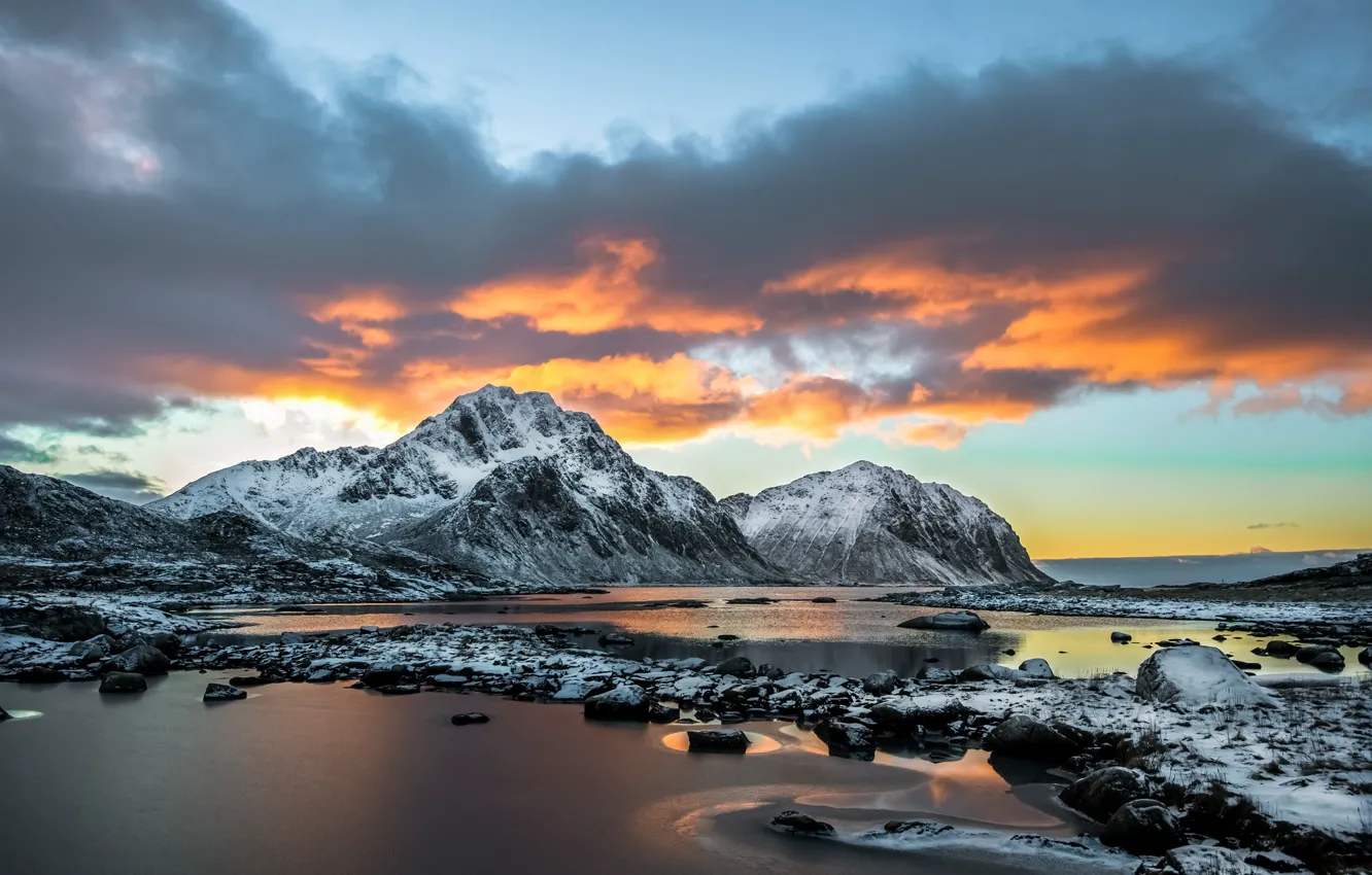 Фото обои закат, горы, побережье, Норвегия, Vestvågøy