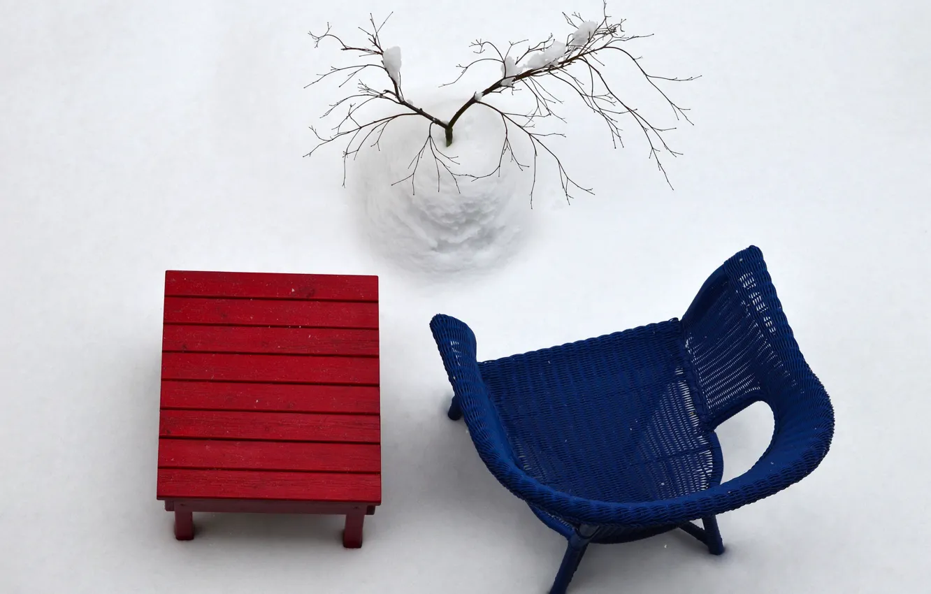 Фото обои зима, снег, стол, дерево, стул