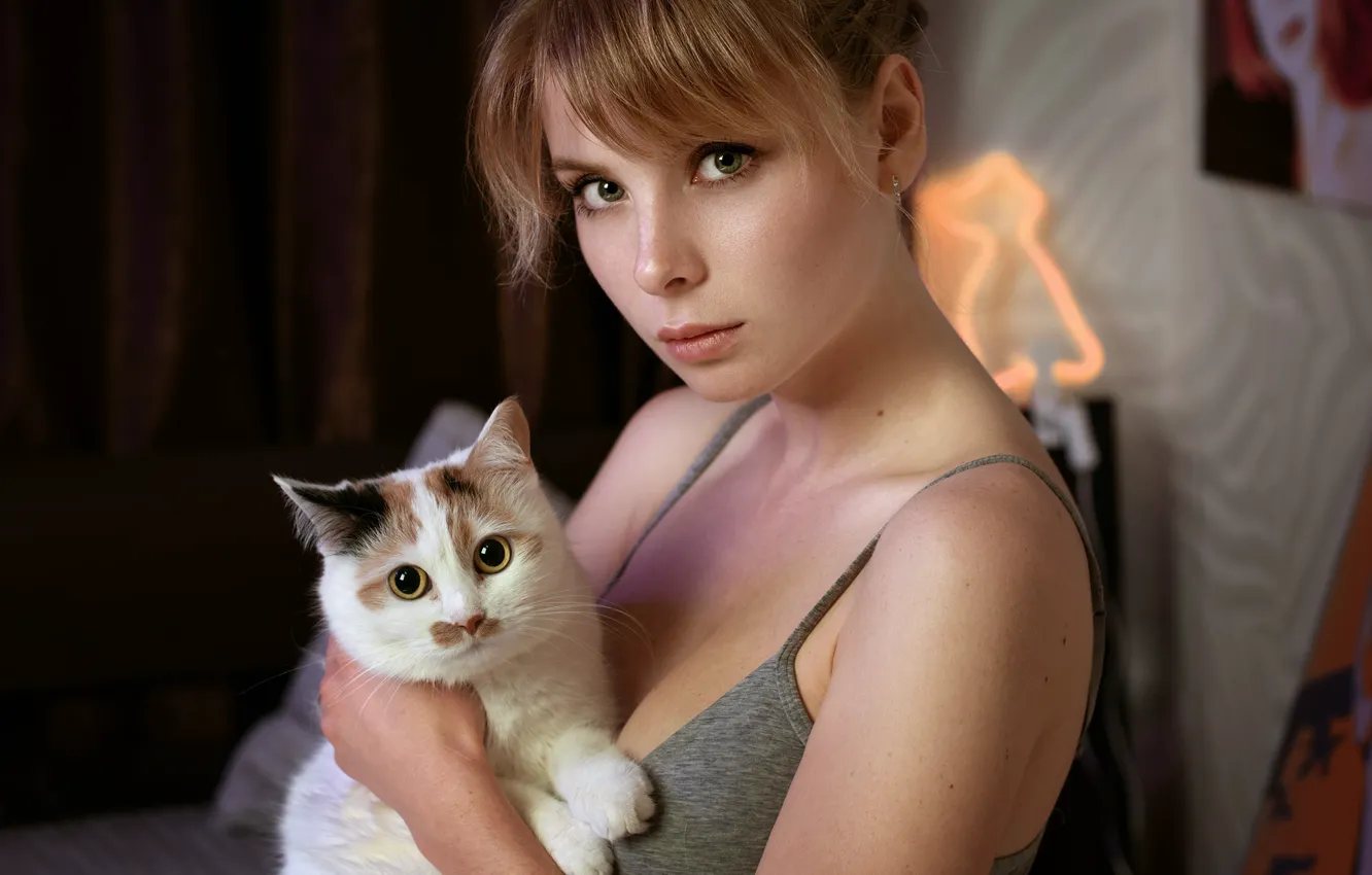 Фото обои кошка, взгляд, девушка, лицо, портрет, мордочка, котейка, Ирина Попова