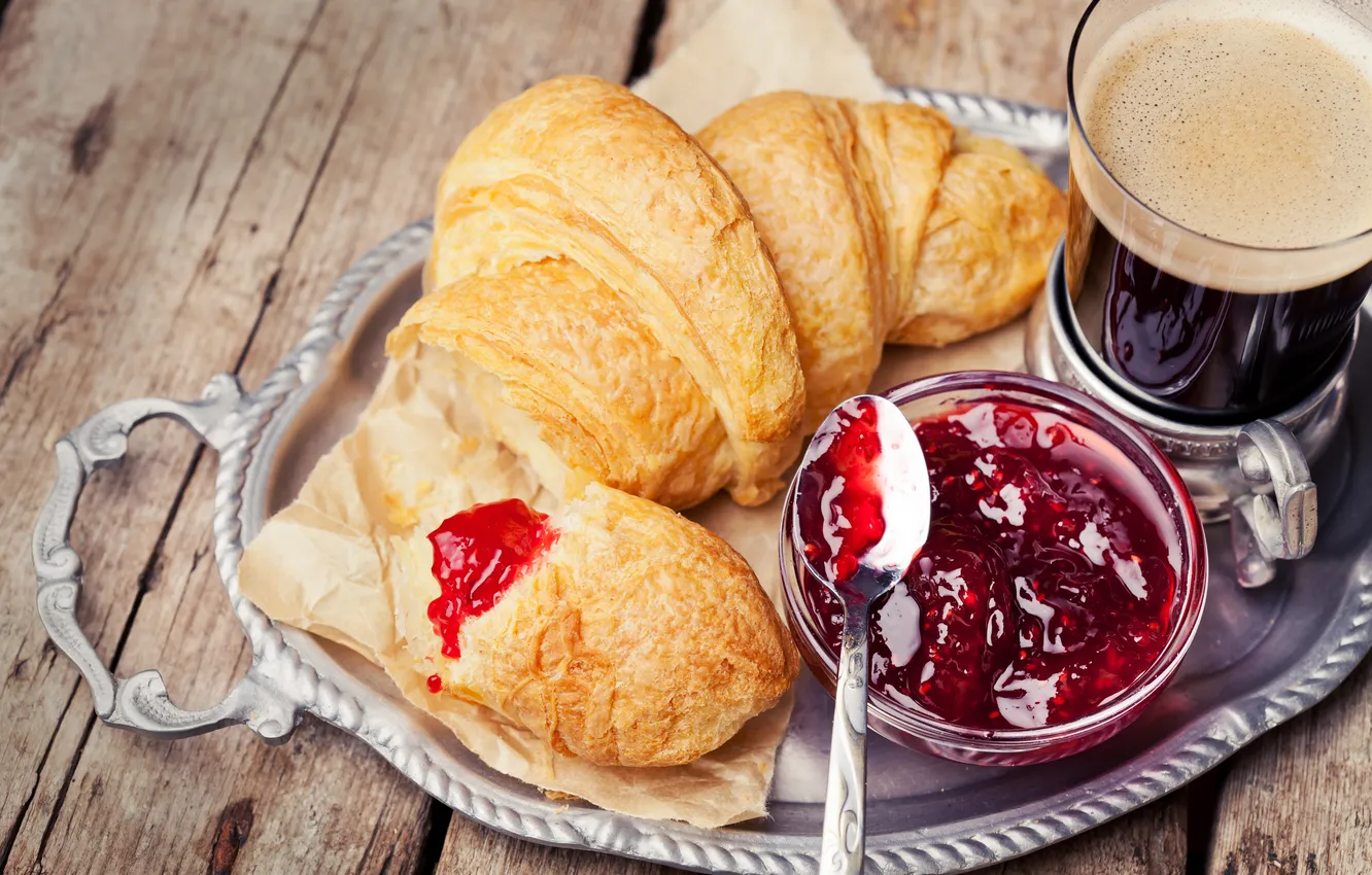 Фото обои кофе, завтрак, выпечка, cup, джем, coffee, croissant, breakfast