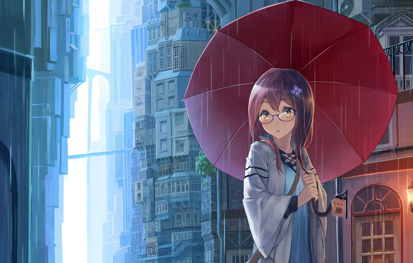 Фото обои цветок, взгляд, девушка, город, дождь, зонт, очки, кафе