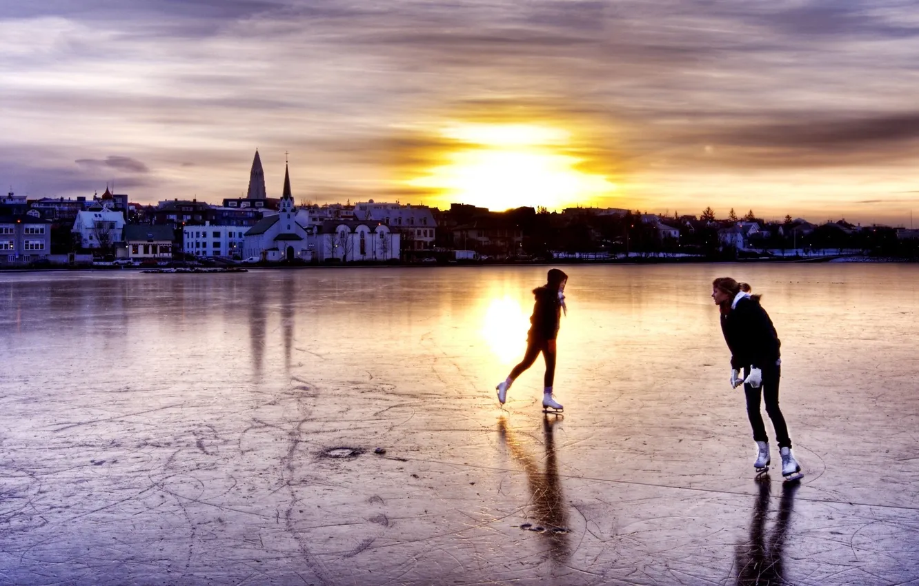 Фото обои лед, люди, дома, каток, Исландия