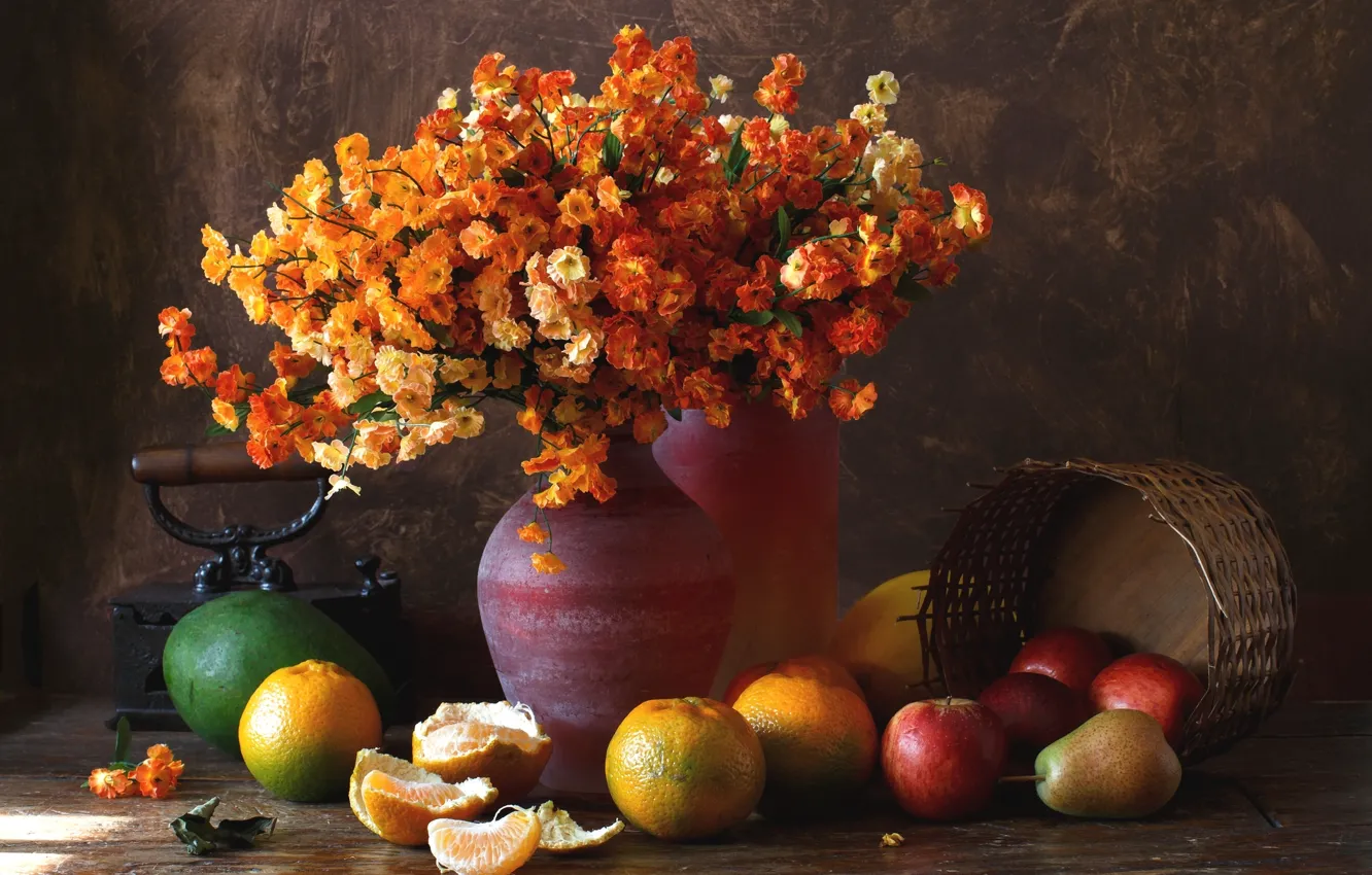 Фото обои цветы, яблоки, букет, груши, мандарины, авокадо