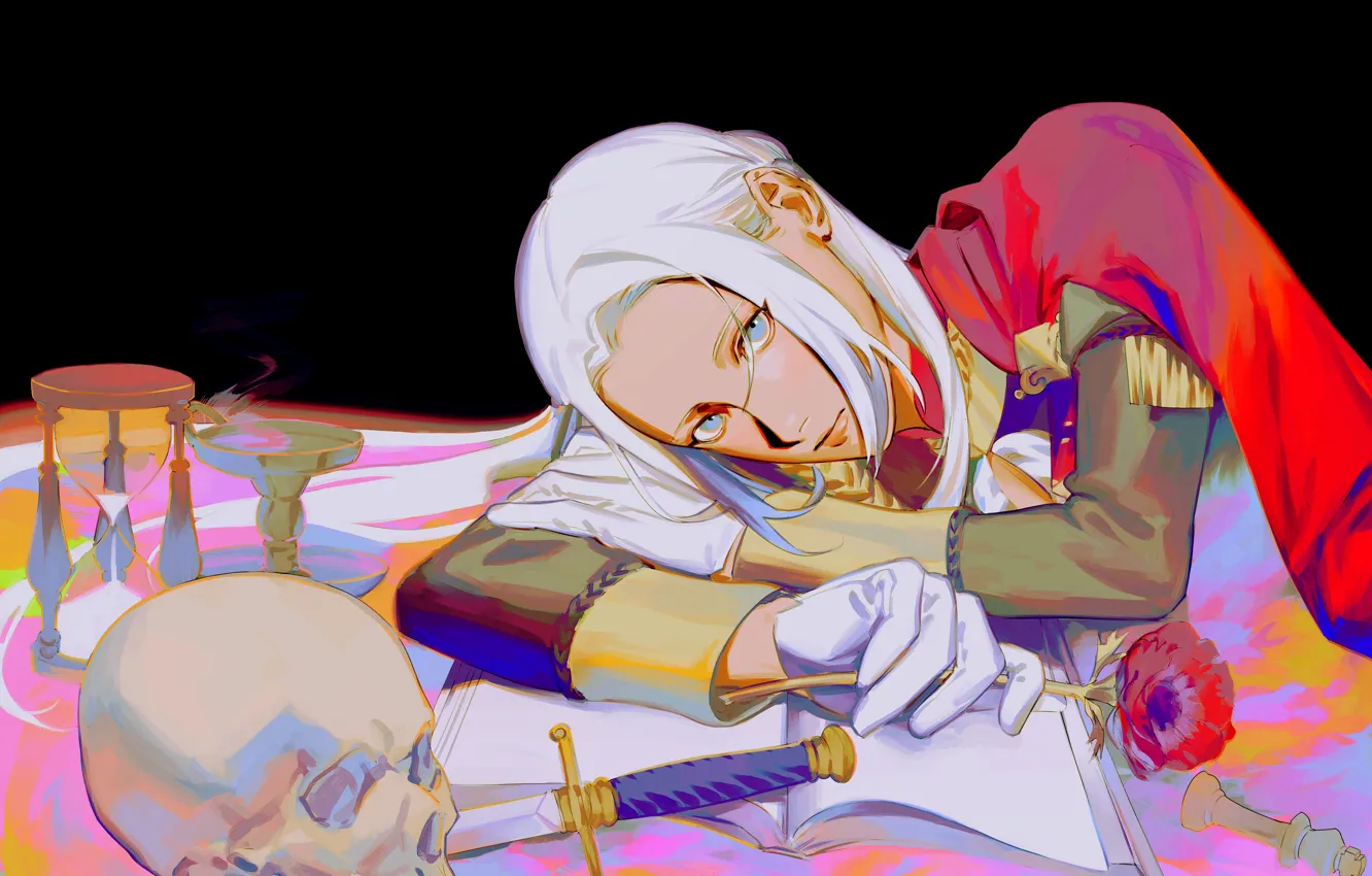 Фото обои девушка, мак, череп, нож, песочные часы, Fire Emblem, Edelgard Von Hresvelg