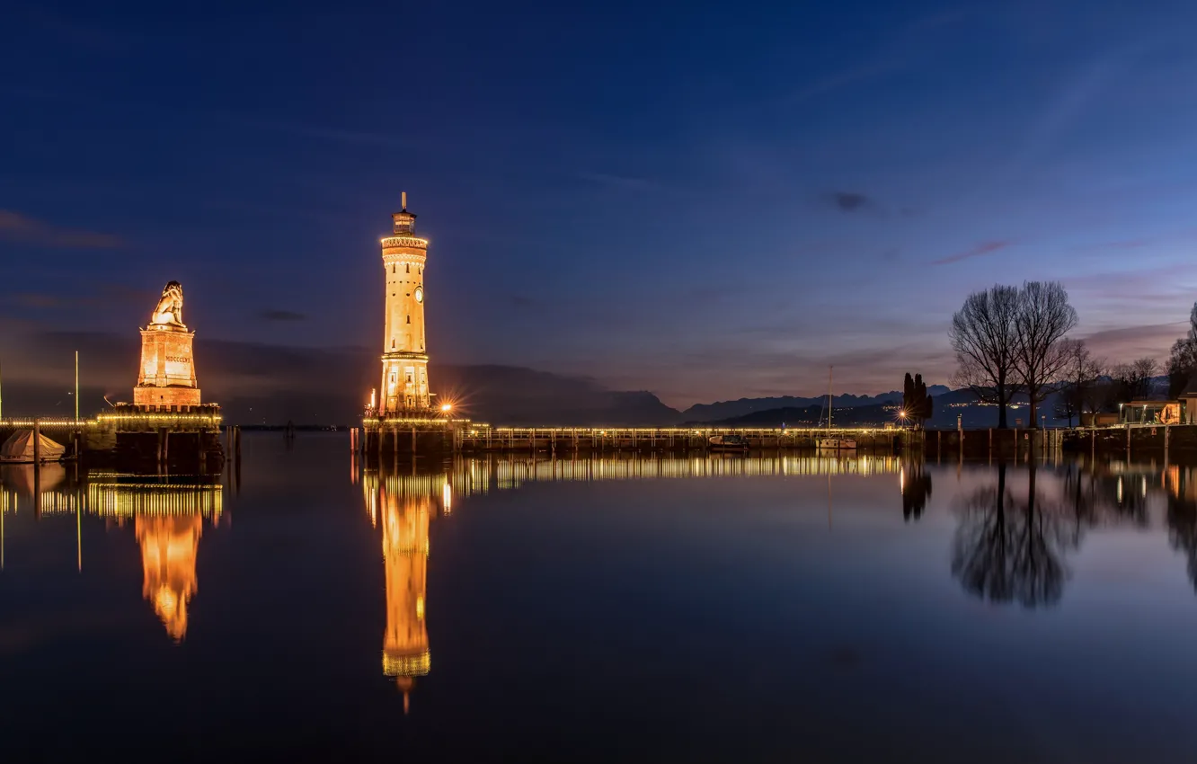 Фото обои огни, маяк, Германия, Бавария, гавань, Линдау