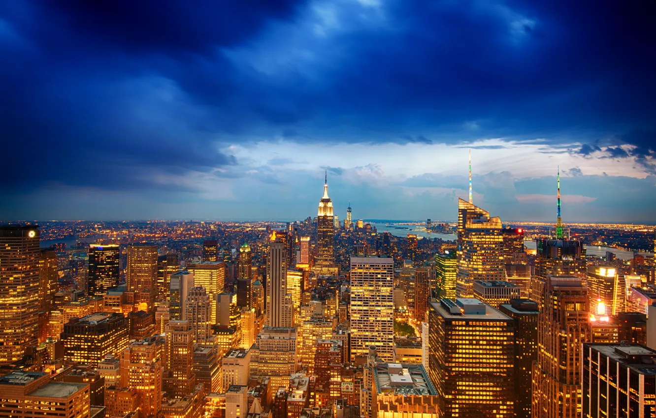 Фото обои город, вид, Нью-Йорк, вечер, панорама, USA, США, Манхэттен