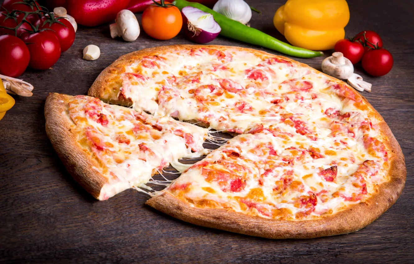 Фото обои сыр, перец, овощи, пицца, помидор, кусок