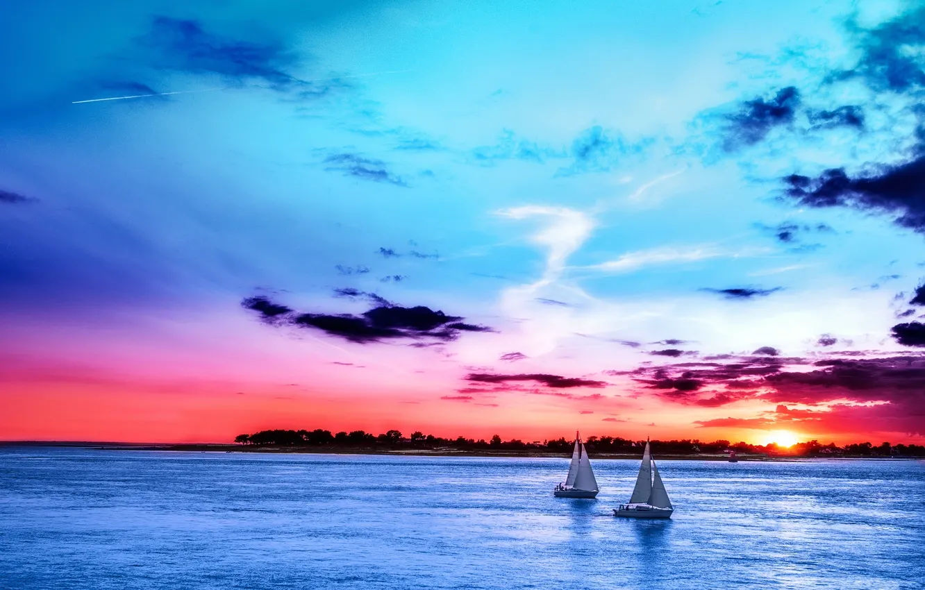 Фото обои море, небо, закат, лодки, Sky, sea, Boats, Sunrises