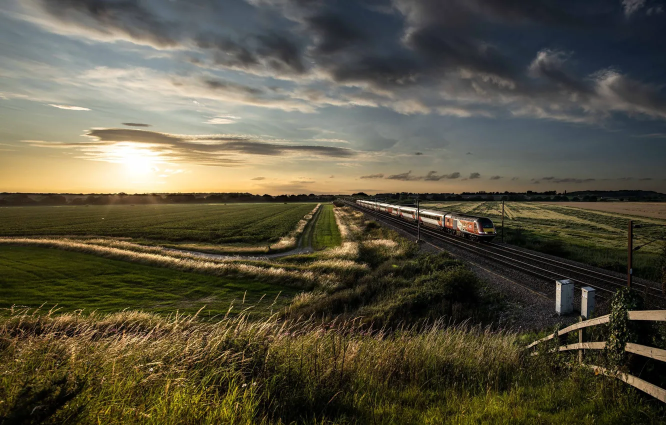 Фото обои поле, лето, закат, поезд, железная дорога