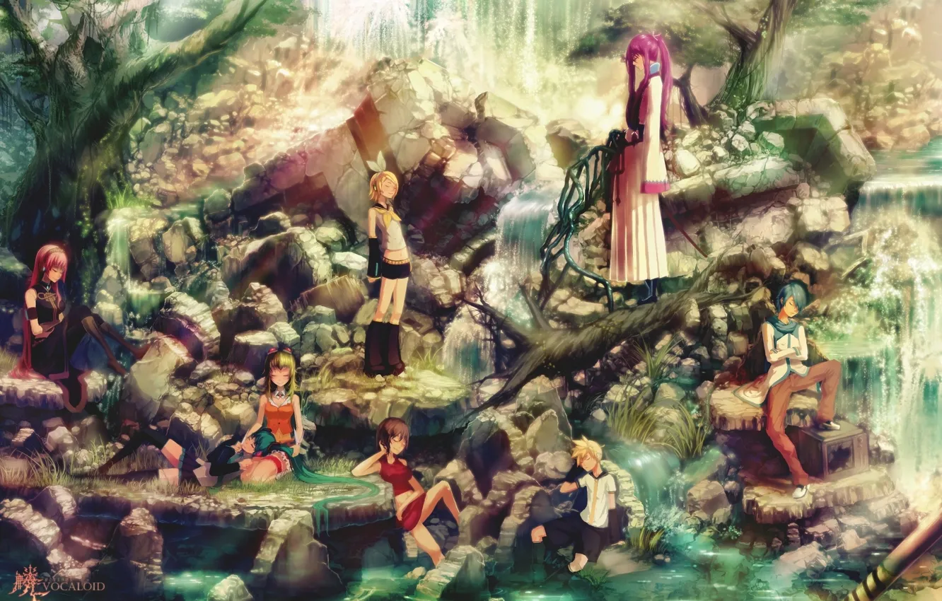 Фото обои вода, деревья, камни, скалы, арт, vocaloid, hatsune miku, megurine luka