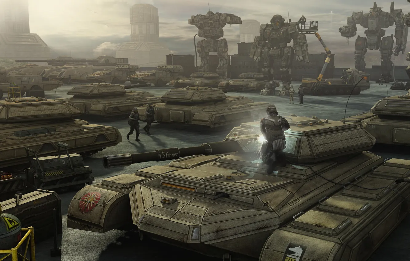 Фото обои роботы, арт, солдаты, ремонт, танки, Mechwarrior Online