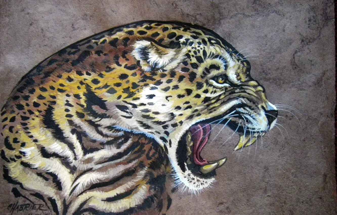 Фото обои кошка, рисунок, зубы, арт, пасть, леопард, живопись