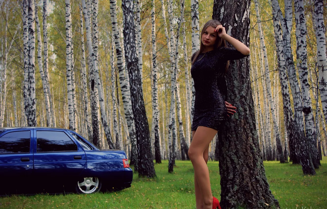 Фото обои авто, Девушка, girl, ножки, берёзы, woman, лада, 2112