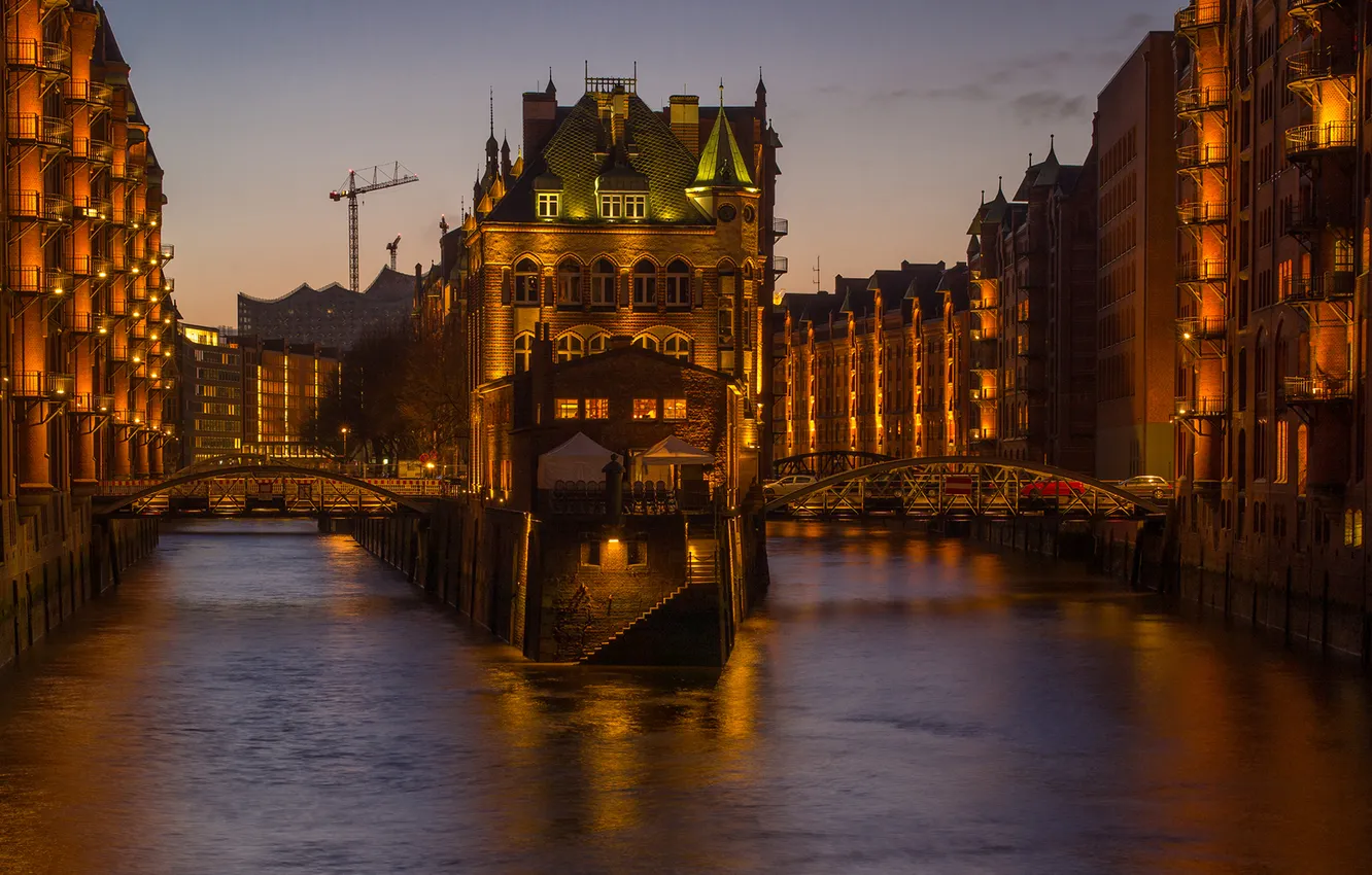 Фото обои мост, дома, вечер, Германия, канал, Гамбург