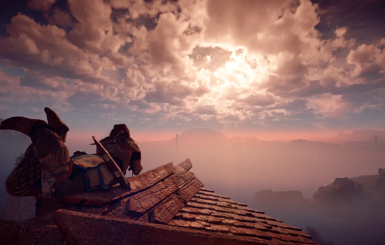 Фото обои небо, девушка, деревья, горы, лук, охотник, horizon, Sony Computer Entertainment