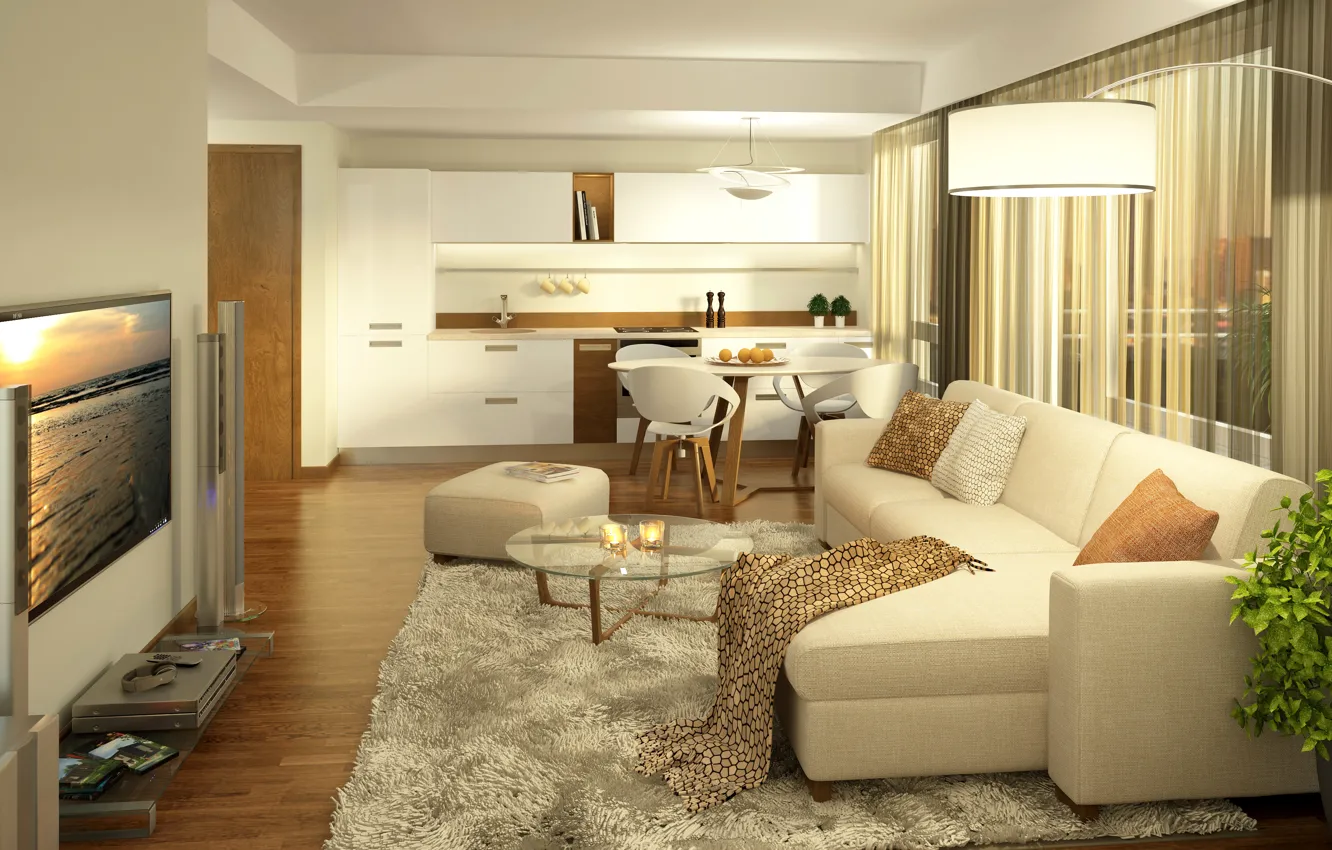 Фото обои диван, мебель, телевизор, кухня, светильник, особняк, Design, гостиная