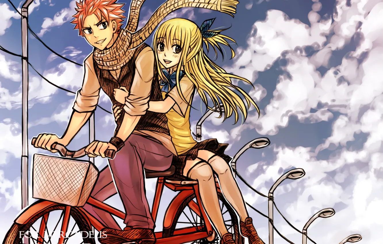 Фото обои любовь, велосипед, аниме, арт, пара, хвост феи, Fairy Tail, Люси