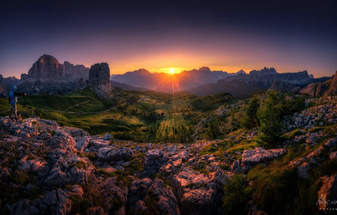 Фото обои лучи, природа, скалы, рассвет, долина, Lukas Watschinger