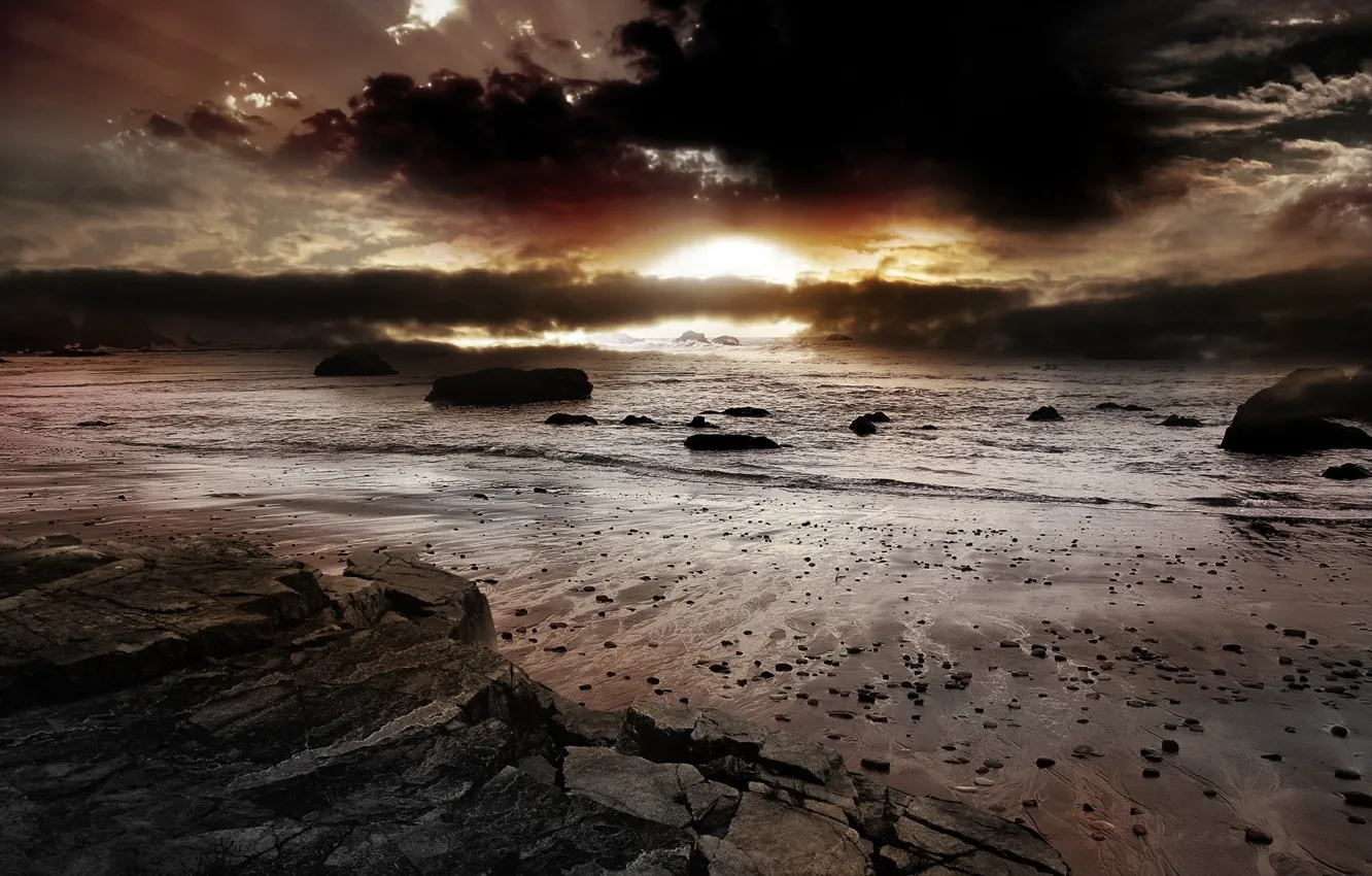 Фото обои песок, море, восход, скалы
