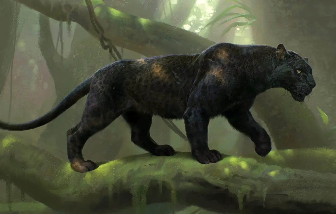 Фото обои digital art, Black Panther, animal themes, panther walks on tree branch