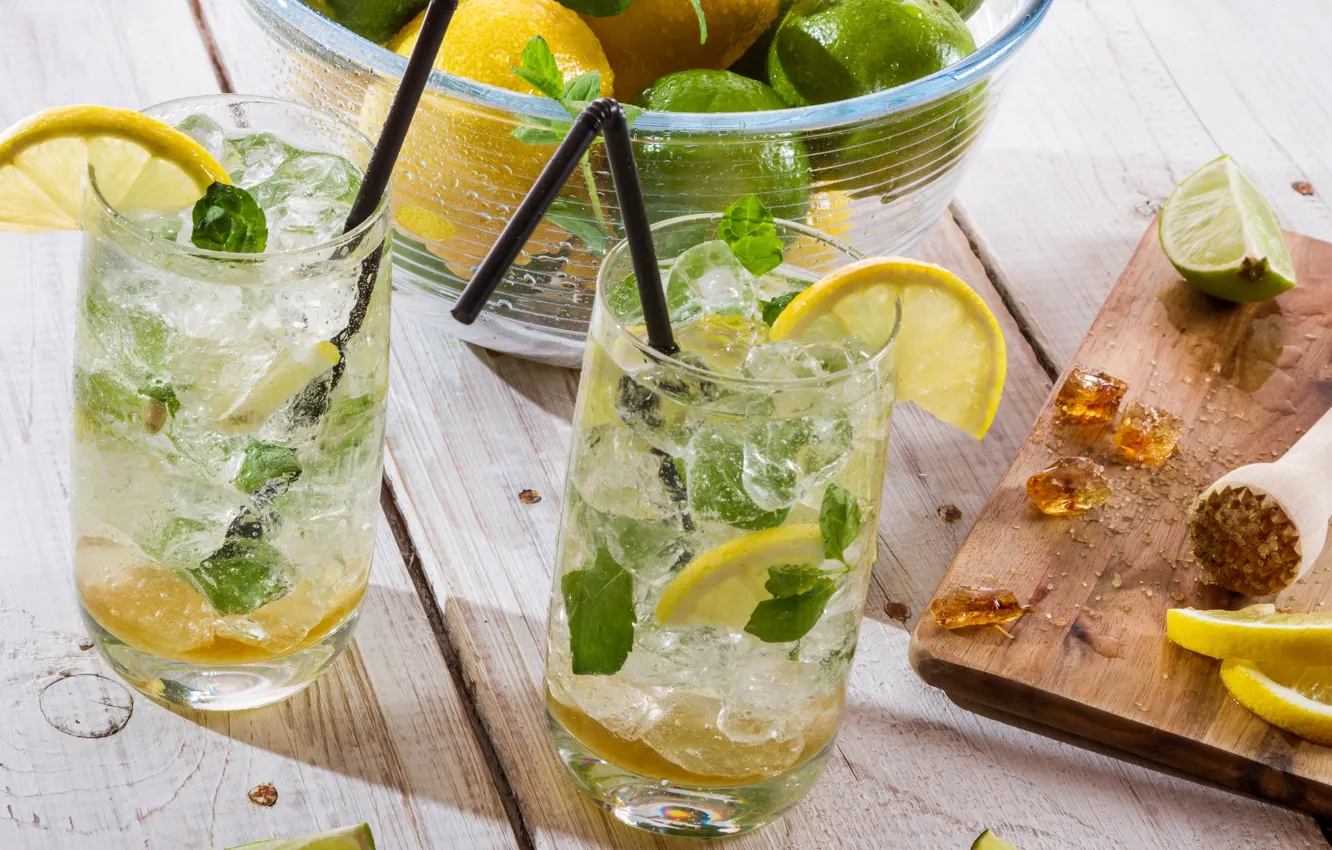 Фото обои лед, стакан, лимон, коктейль, лайм, трубочка, цитрус, напиток