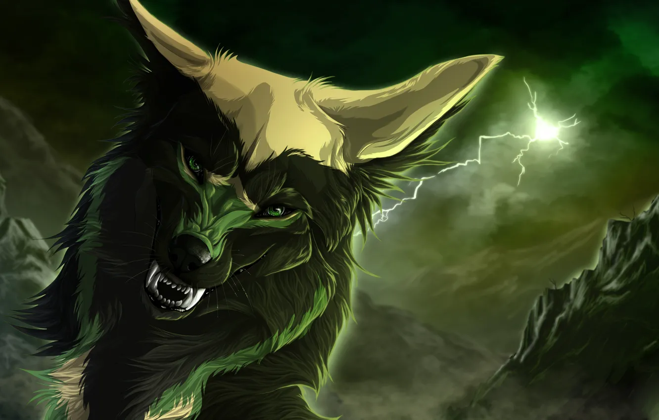 Фото обои молния, волк, клыки, art, wolfroad