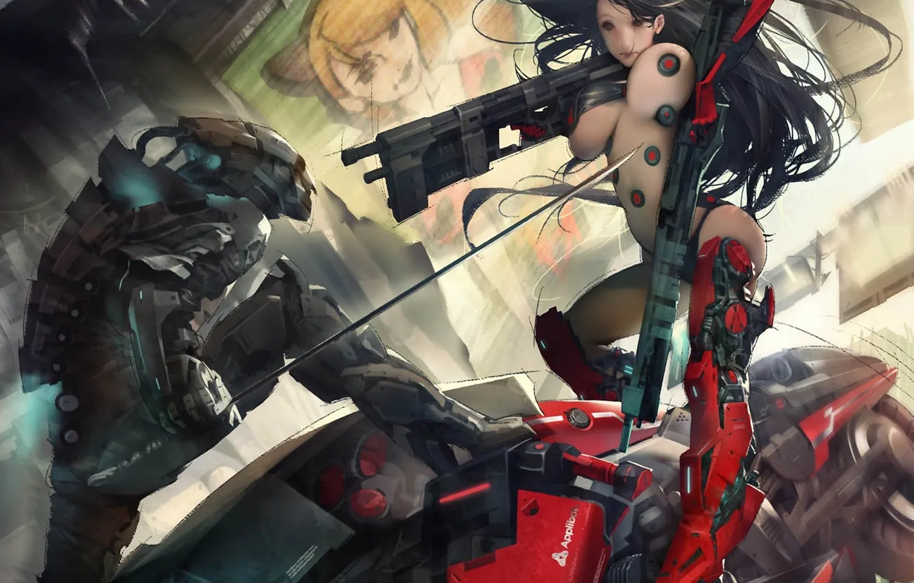 Фото обои девушка, металл, оружие, робот, меч, арт, битва