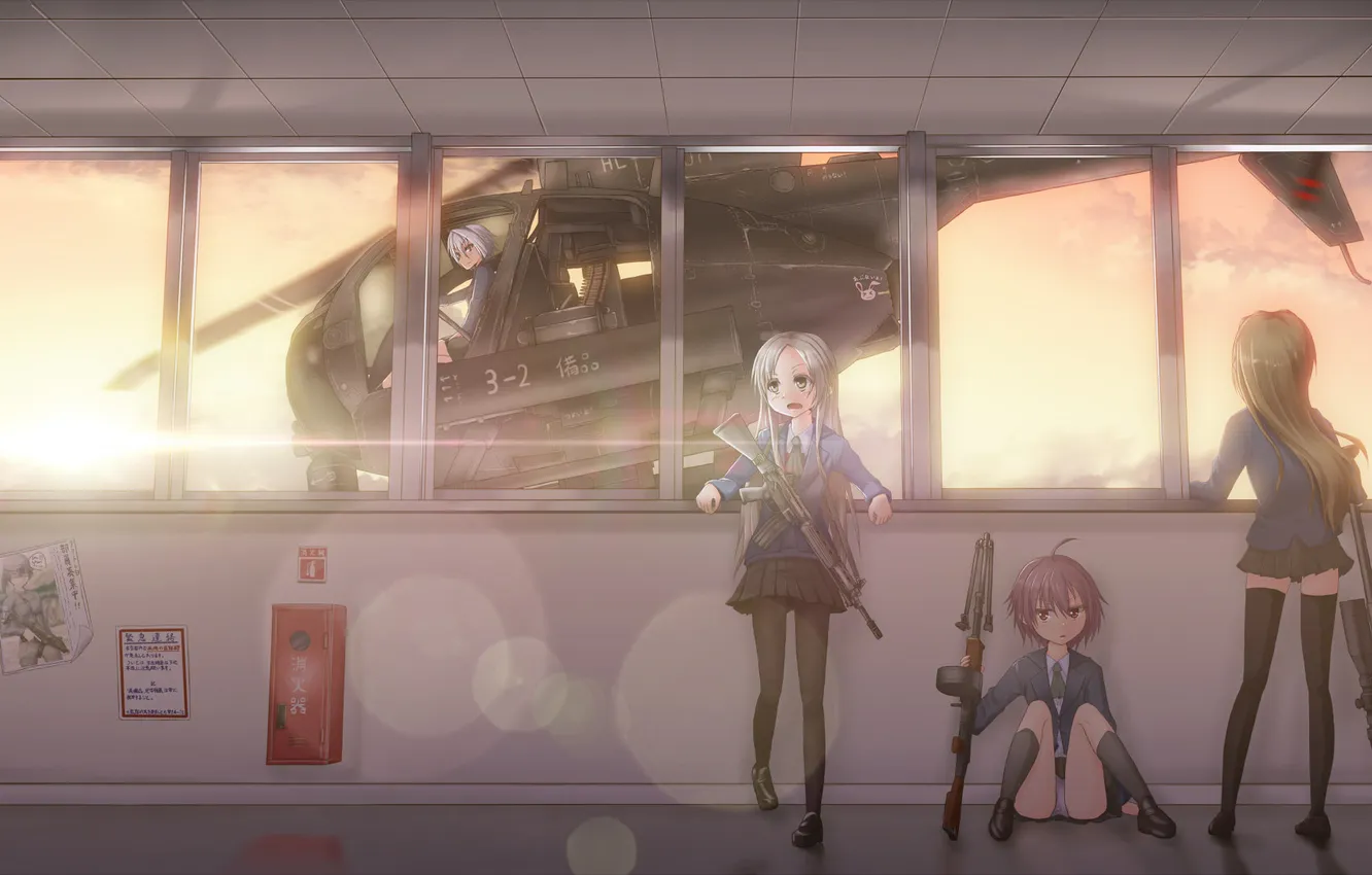 Фото обои оружие, девушки, здание, окна, арт, автомат, вертолет, винтовка
