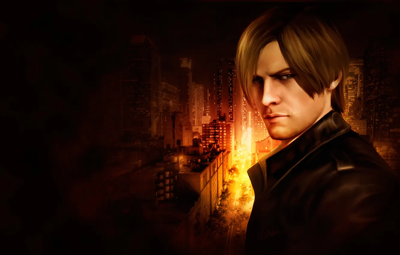 Фото обои город, темный фон, огонь, арт, парень, Resident Evil, Leon Kennedy