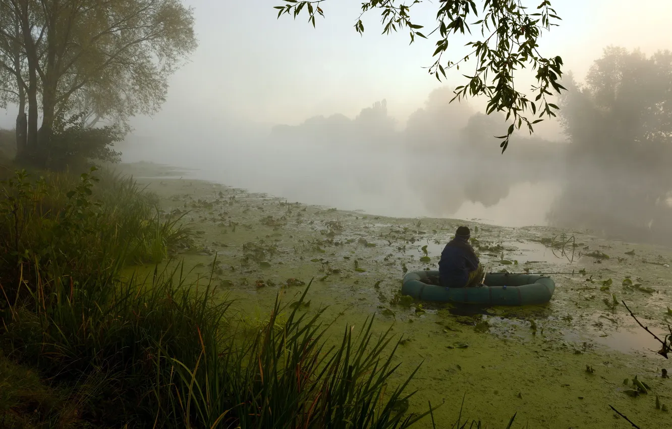 Фото обои туман, река, рыбалка, утро