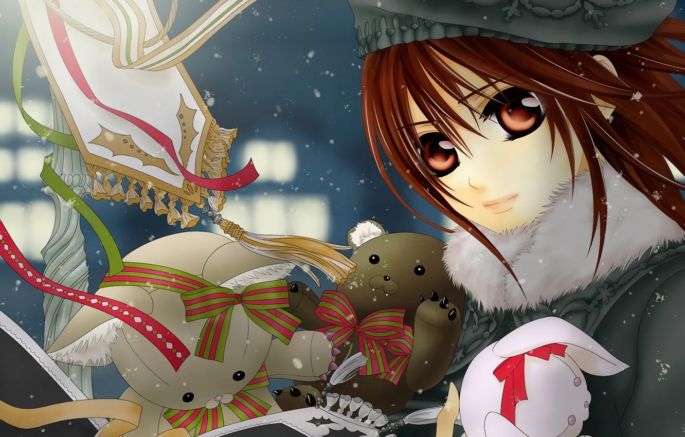 Фото обои зима, снег, игрушки, заяц, медведи, vampire knight, yuuki cross, рыцарь-вампир