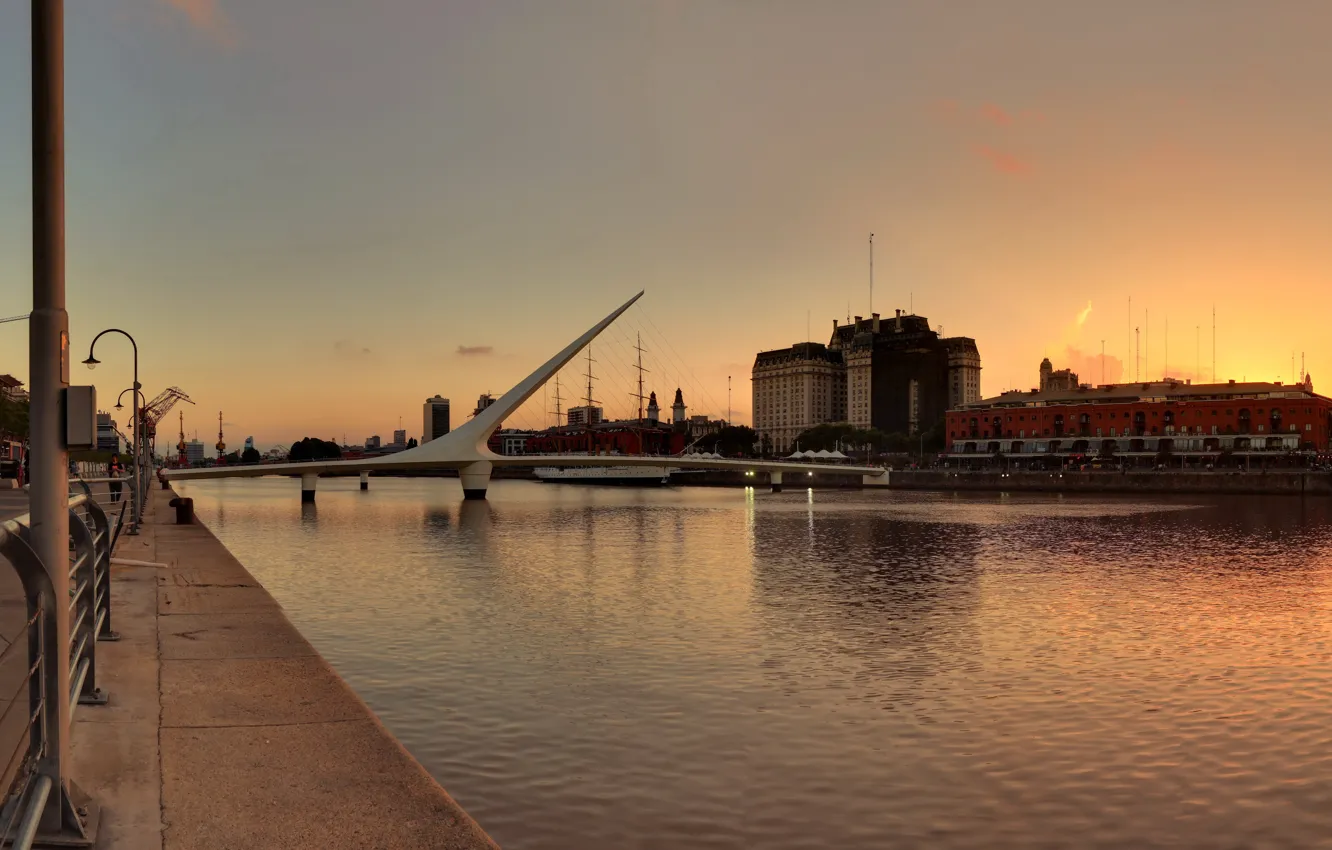 Фото обои закат, мост, парусник, набережная, Argentina, Аргентина, Буэнос-Айрес, Buenos-Aires