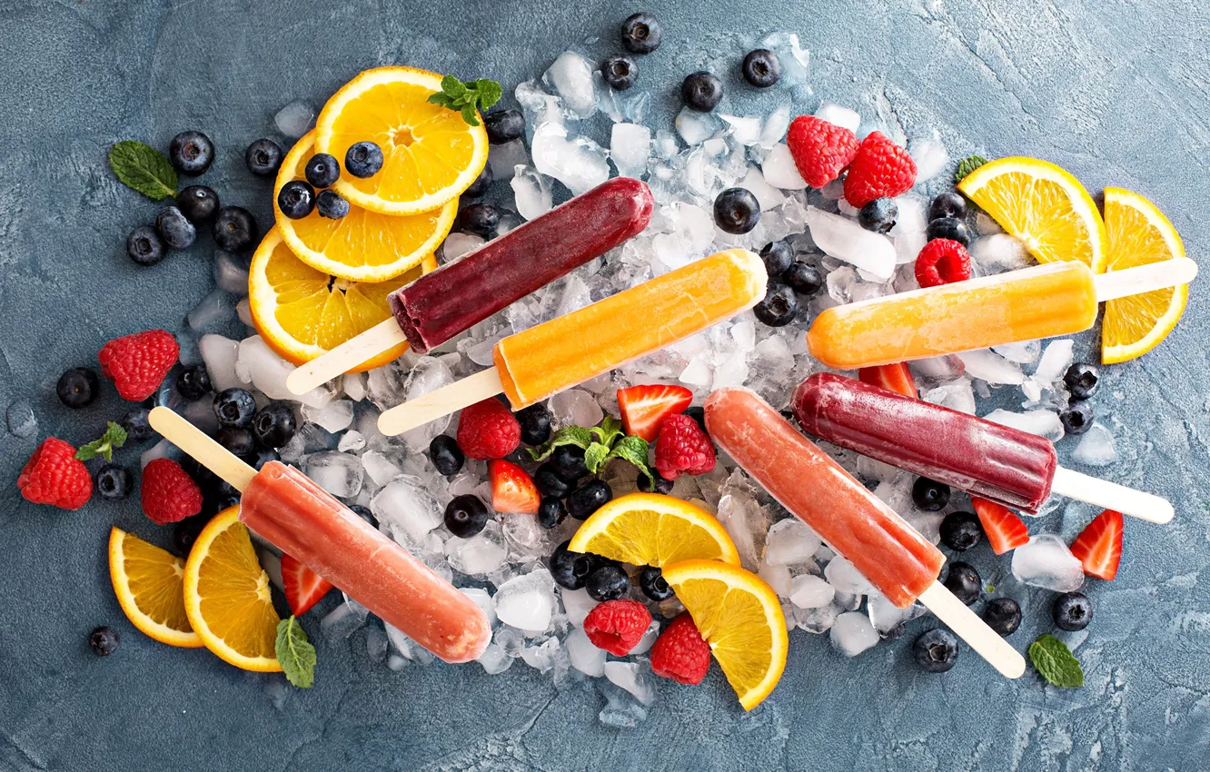 Фото обои лед, ягоды, малина, апельсины, черника, клубника, мороженое, фрукты