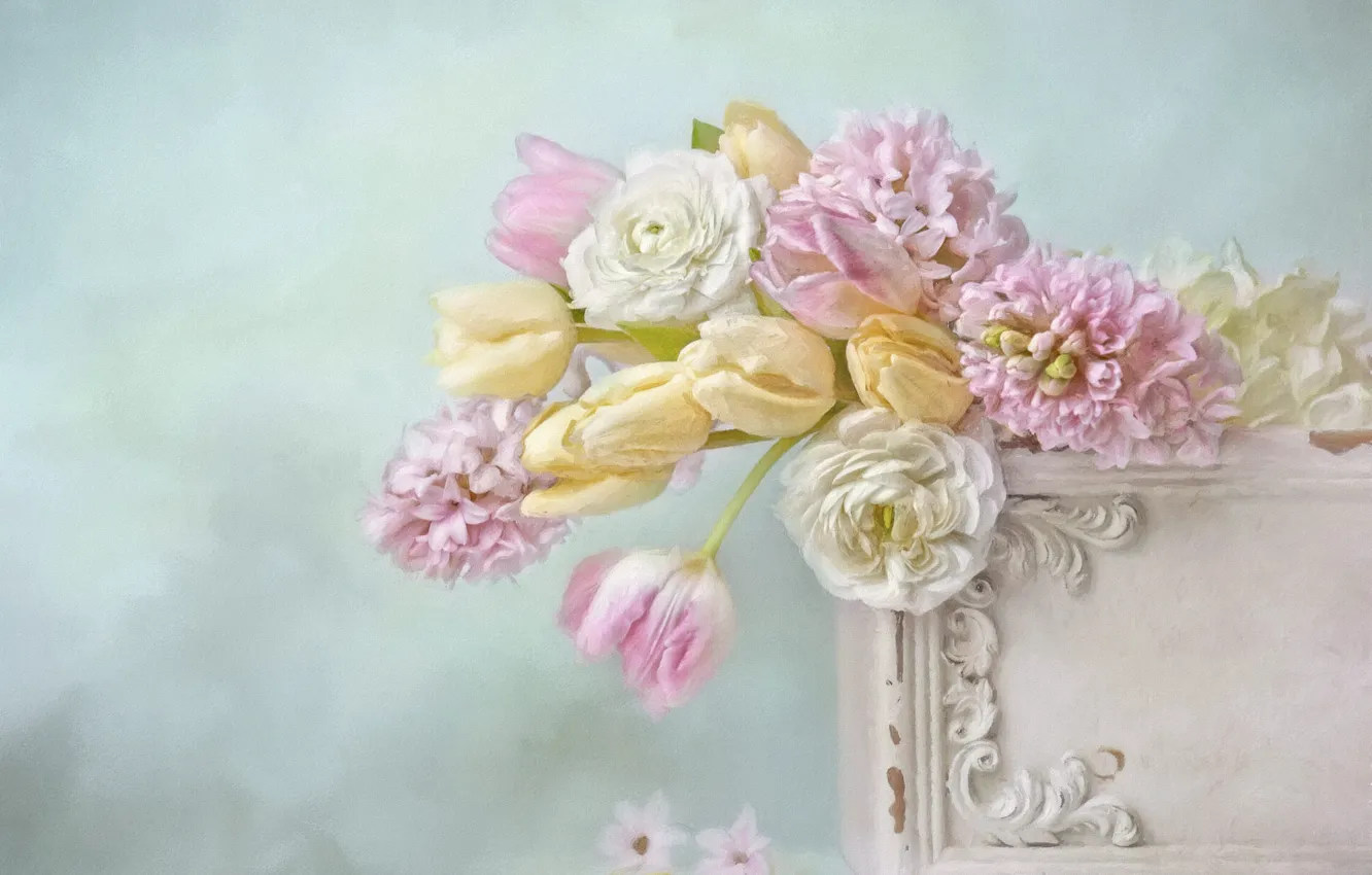 Фото обои цветы, букет, желтые, арт, тюльпаны, розовые, белые, натюрморт