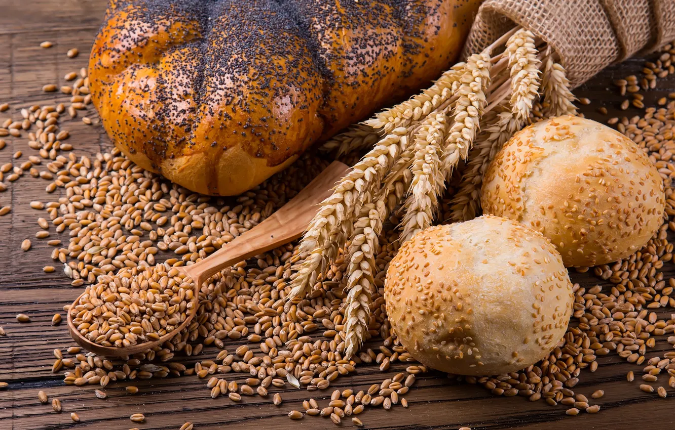 Фото обои пшеница, мак, ложка, колосья, выпечка, зёрна, булочки, батон