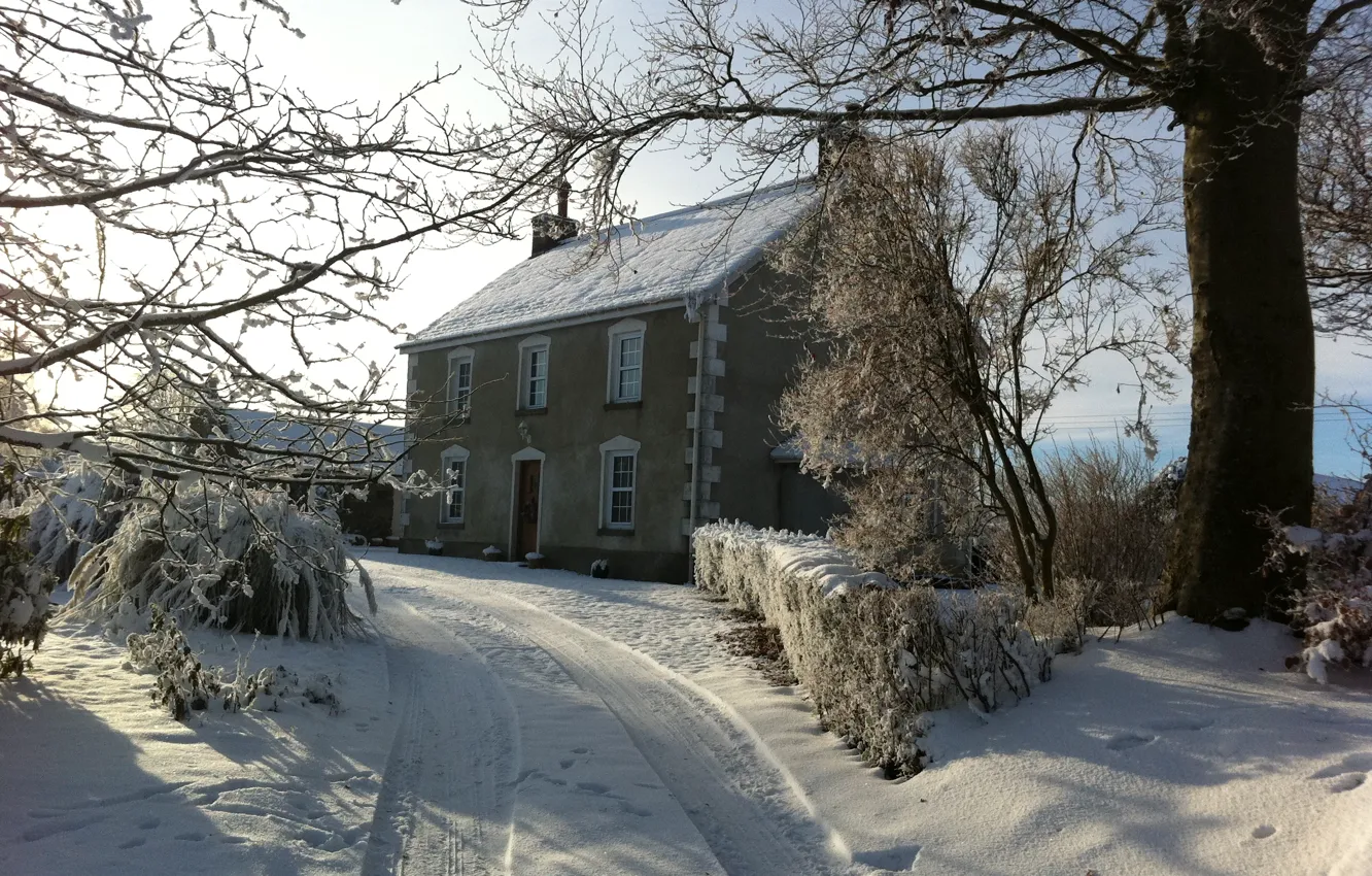 Фото обои зима, дорога, пейзаж, дом