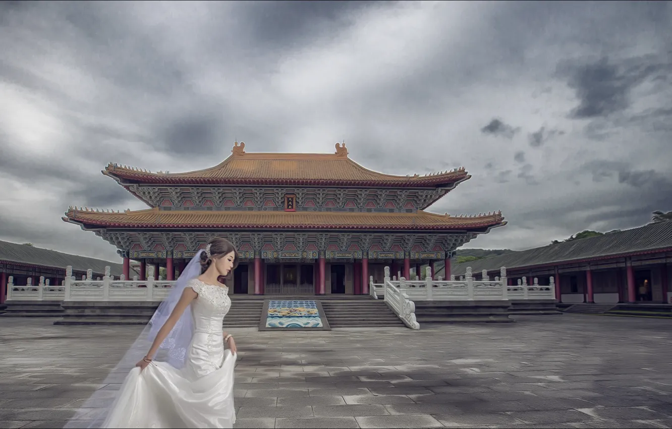 Фото обои девушка, настроение, Азия, пагода, невеста, mood, bride, Asia