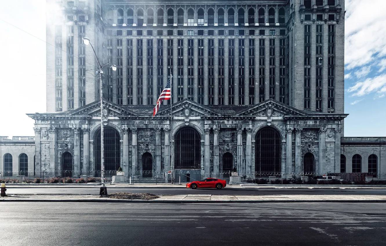 Фото обои car, город, здание, флаг, америка, usa, chevrolet corvette, webb bland photography