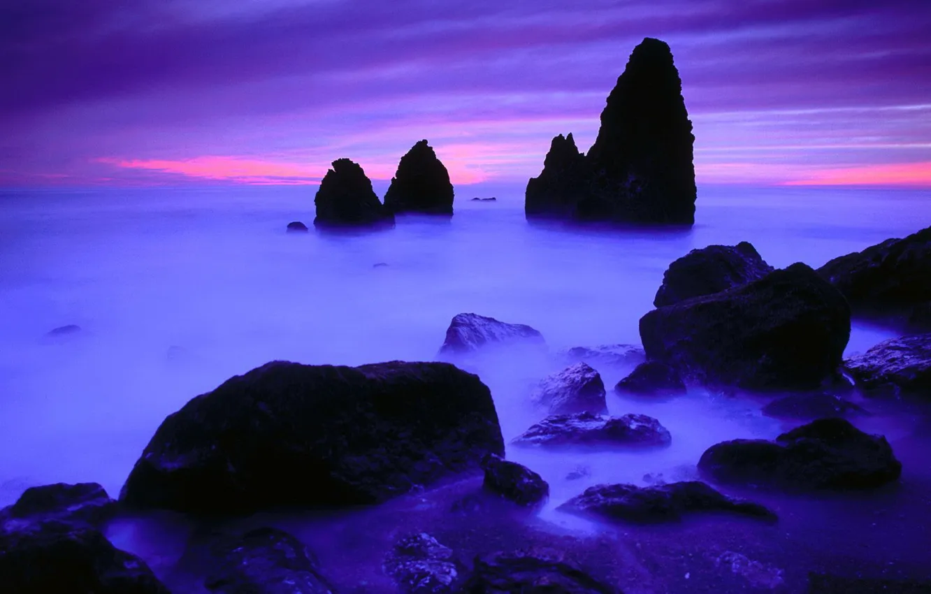 Фото обои синий, камни, скалы, берег, горизонт