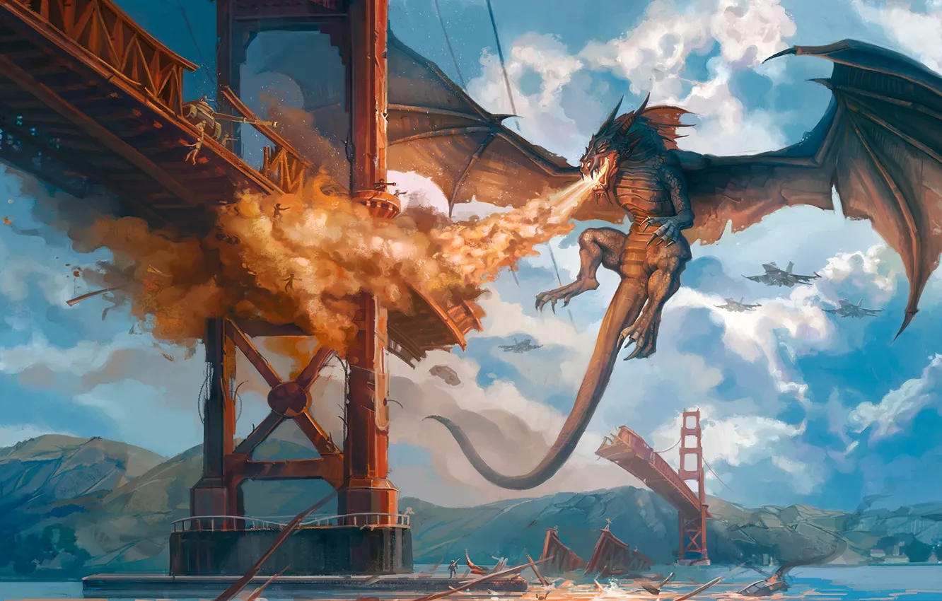 Фото обои мост, дракон, разрушения