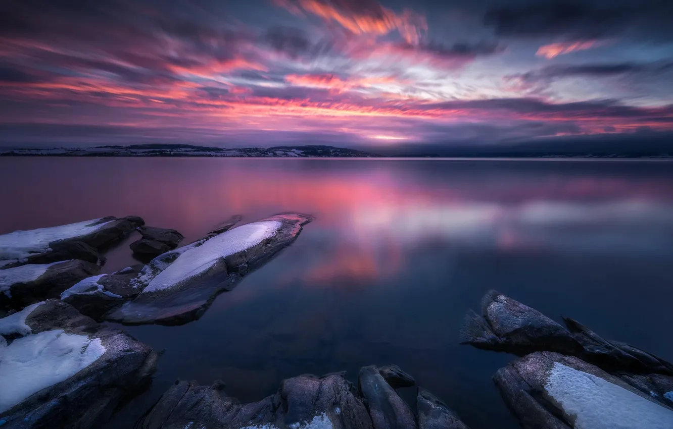 Фото обои landscape, lake, snow, sunrise, Norway, Tyrifjorden