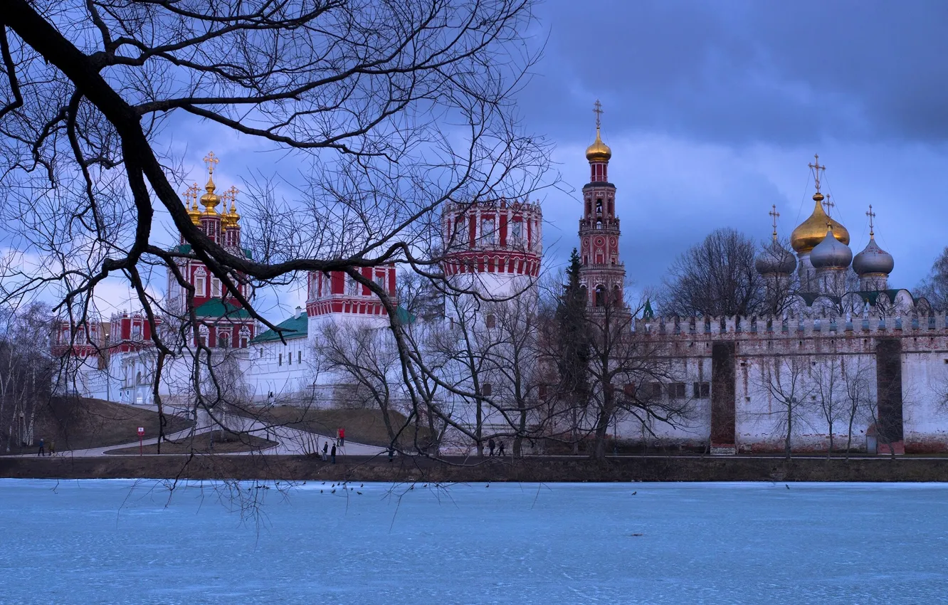 Фото обои зима, ветки, река, дерево, Москва, Россия, монастырь, Москва-река