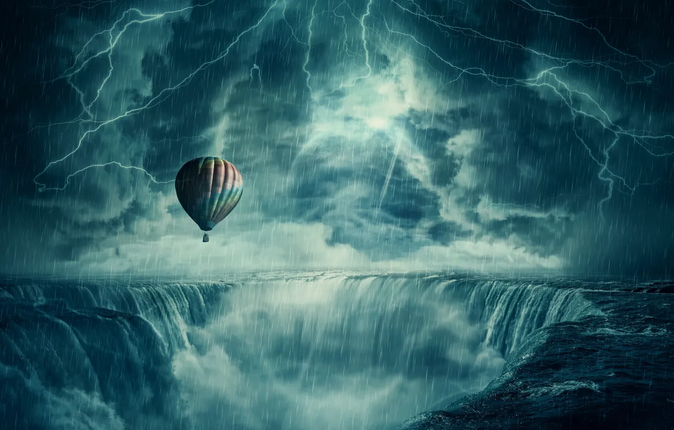 Фото обои гроза, воздушный шар, дождь, молния